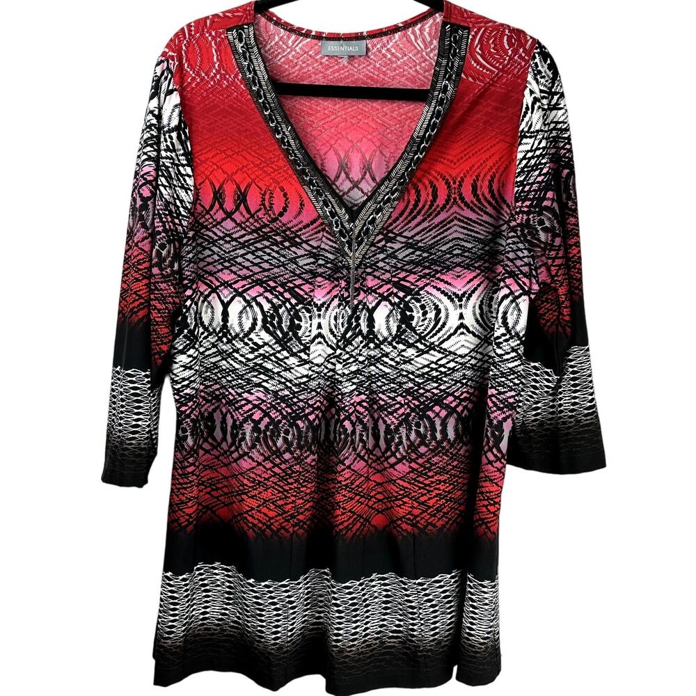 Essentials Art to Wear Embellished Chain Link V Neck Detail Size XXL Tunic Top